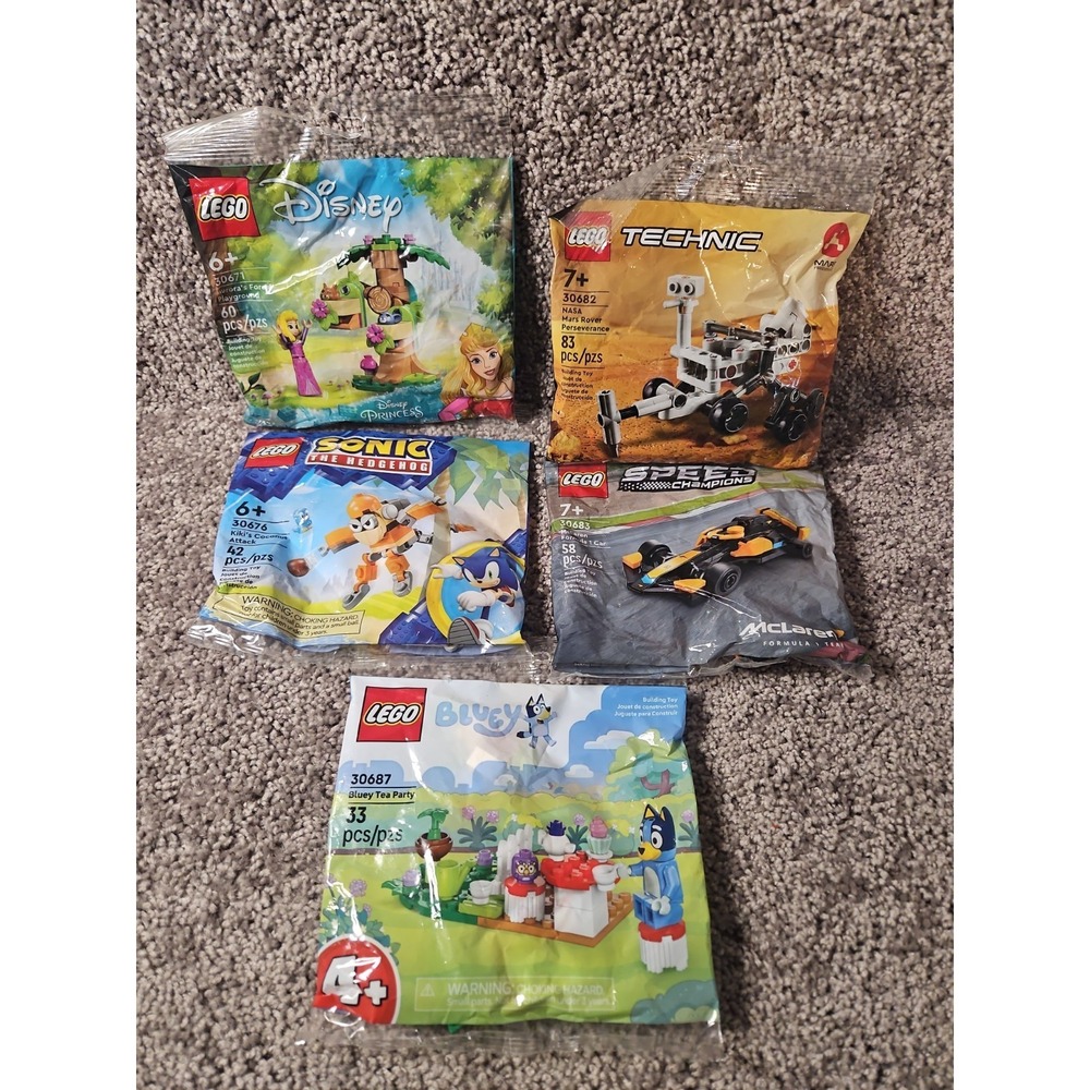 Lot Of 5 Lego Bagged Kits. Bluey  Disney Princess  Technic Speed Champ Sonic